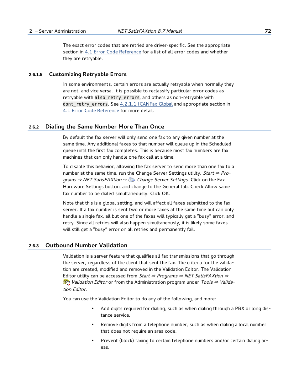5 customizing retryable errors, 2 dialing the same number more than once, 3 outbound number validation | FaxBack NET SatisFAXtion 8.7 (Including R3) - Manual User Manual | Page 72 / 238