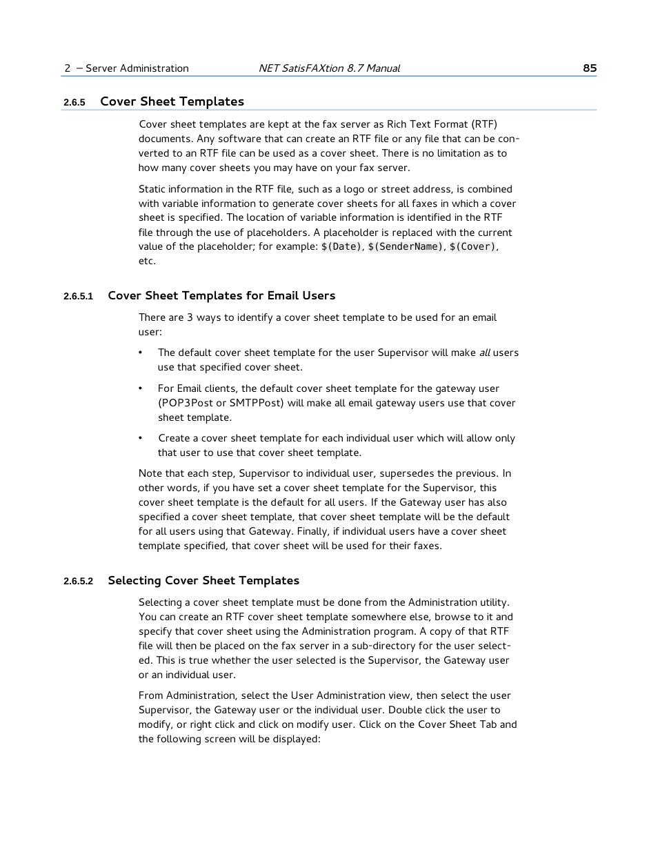 5 cover sheet templates, 1 cover sheet templates for email users, 2 selecting cover sheet templates | Cover sheet, Templates, Cover sheet templates | FaxBack NET SatisFAXtion 8.7 (Including R3) - Manual User Manual | Page 85 / 238
