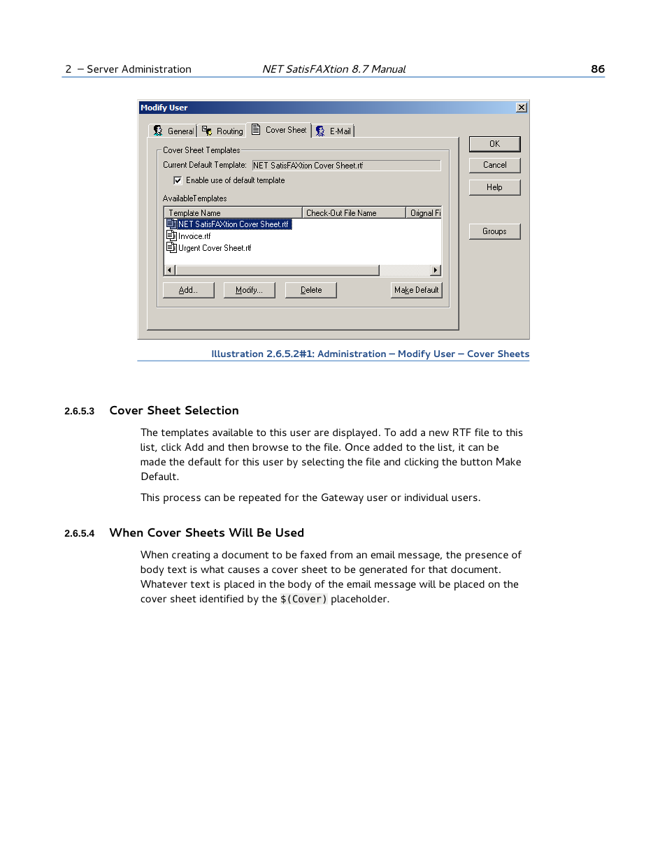 3 cover sheet selection, 4 when cover sheets will be used | FaxBack NET SatisFAXtion 8.7 (Including R3) - Manual User Manual | Page 86 / 238