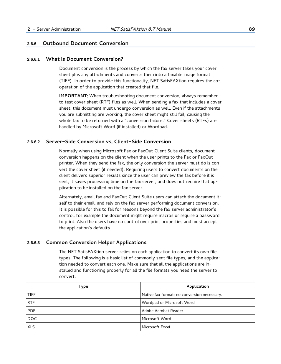 6 outbound document conversion, 1 what is document conversion, 3 common conversion helper applications | FaxBack NET SatisFAXtion 8.7 (Including R3) - Manual User Manual | Page 89 / 238