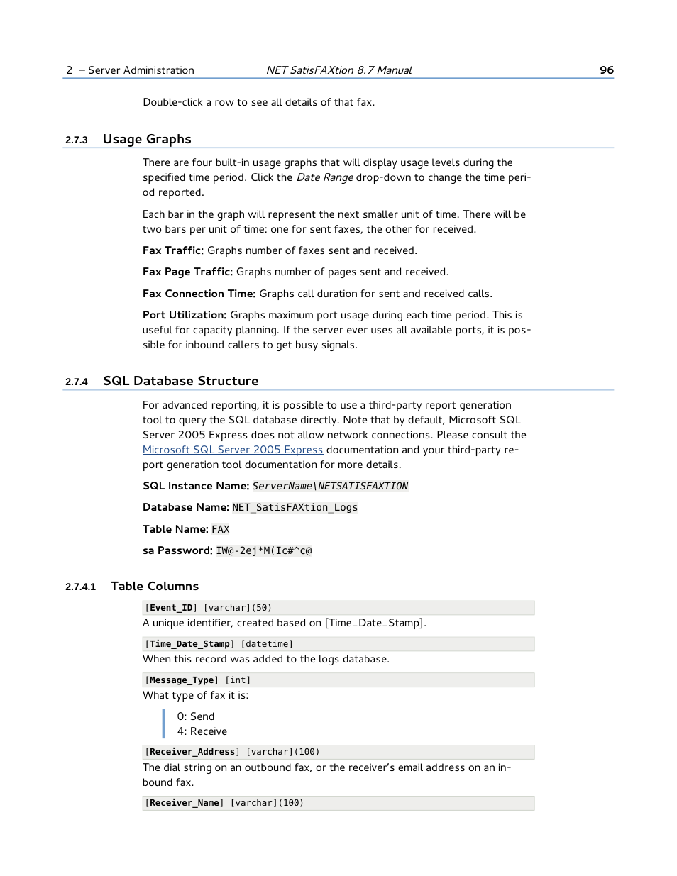 3 usage graphs, 4 sql database structure, 1 table columns | FaxBack NET SatisFAXtion 8.7 (Including R3) - Manual User Manual | Page 96 / 238