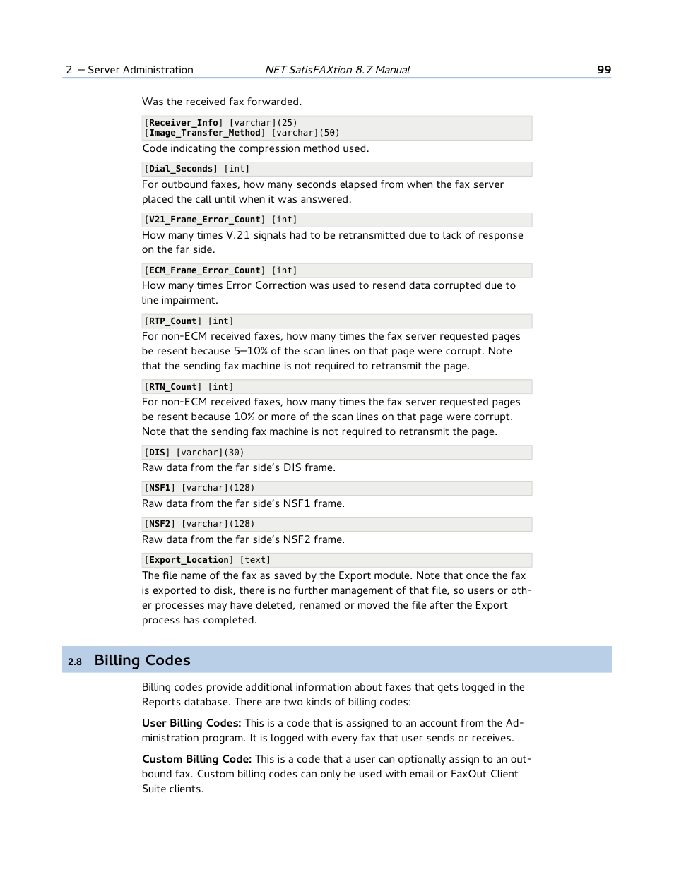 8 billing codes, Billing codes | FaxBack NET SatisFAXtion 8.7 (Including R3) - Manual User Manual | Page 99 / 238