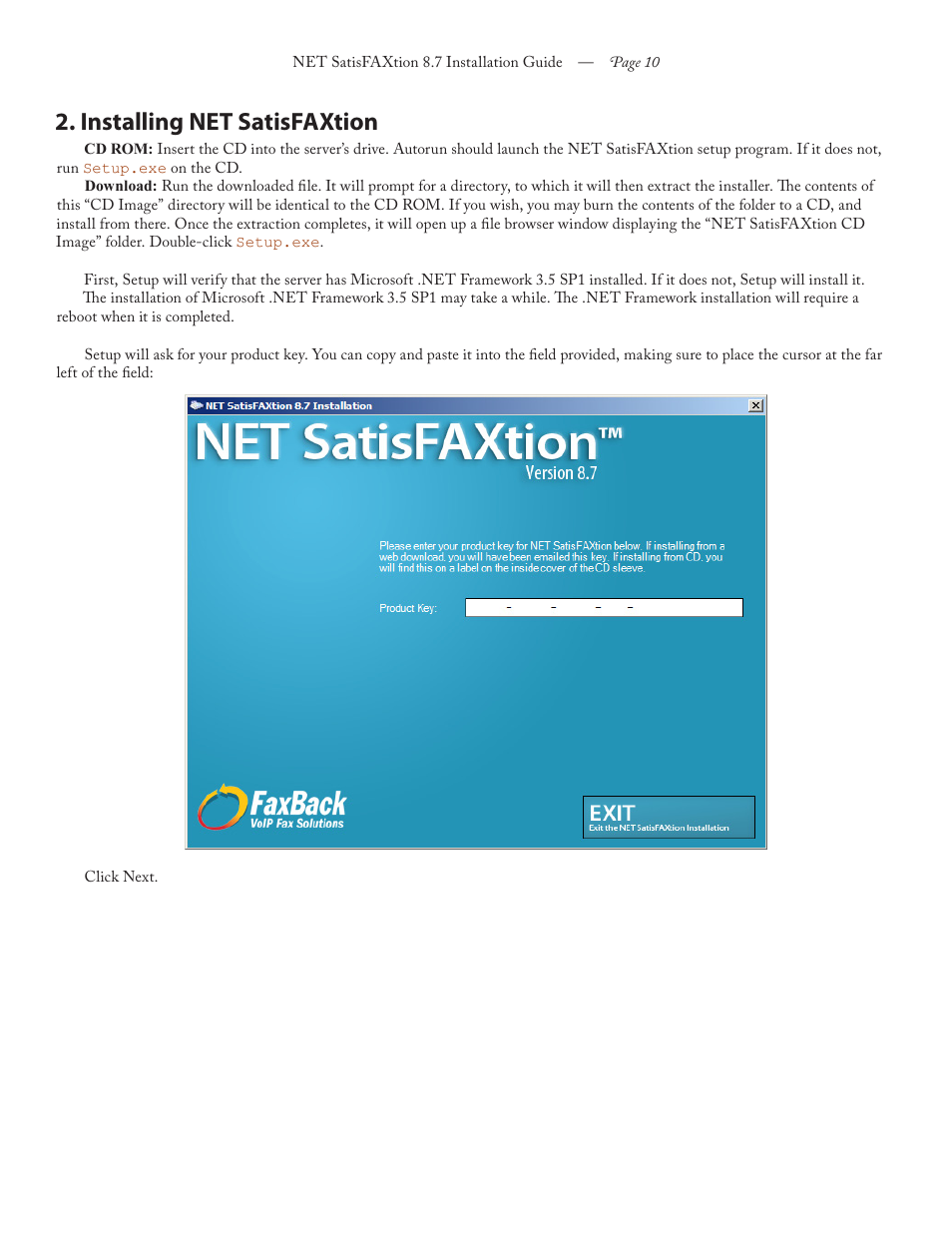 Installing net satisfaxtion | FaxBack NET SatisFAXtion 8.7 (Including R3) - Installation Guide User Manual | Page 10 / 22