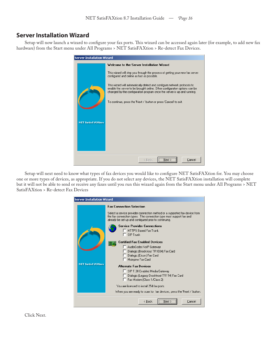 Server installation wizard | FaxBack NET SatisFAXtion 8.7 (Including R3) - Installation Guide User Manual | Page 16 / 22