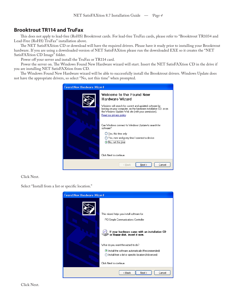 Brooktrout tr114 and trufax | FaxBack NET SatisFAXtion 8.7 (Including R3) - Installation Guide User Manual | Page 4 / 22