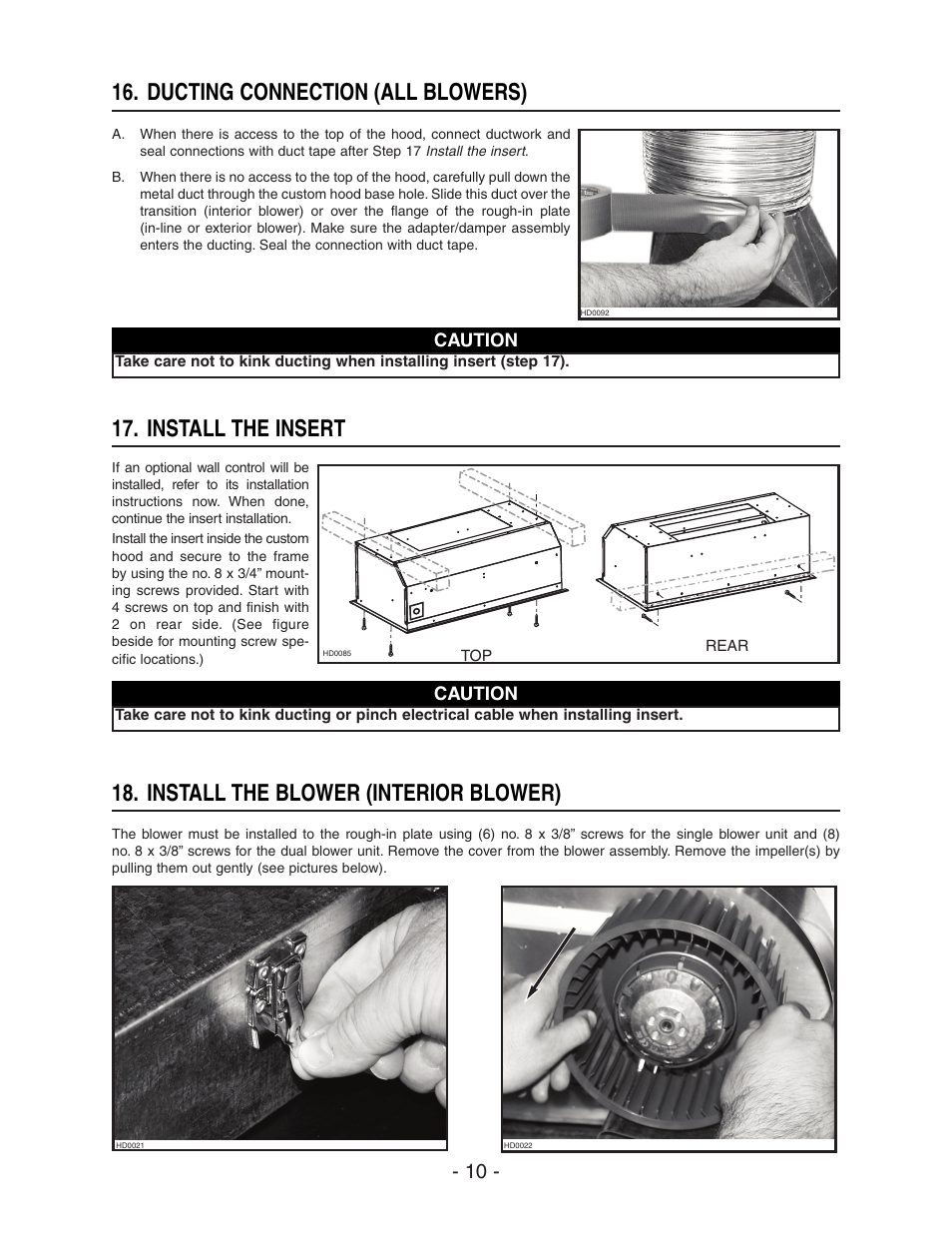 Ducting connection (all blowers), Install the insert, Install the blower (interior blower) | Broan ELITE RMIP33 User Manual | Page 10 / 48