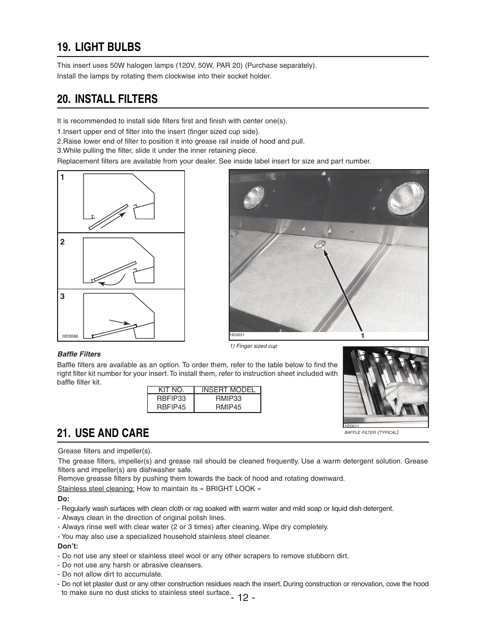 Use and care 19. light bulbs, Install filters | Broan ELITE RMIP33 User Manual | Page 12 / 48
