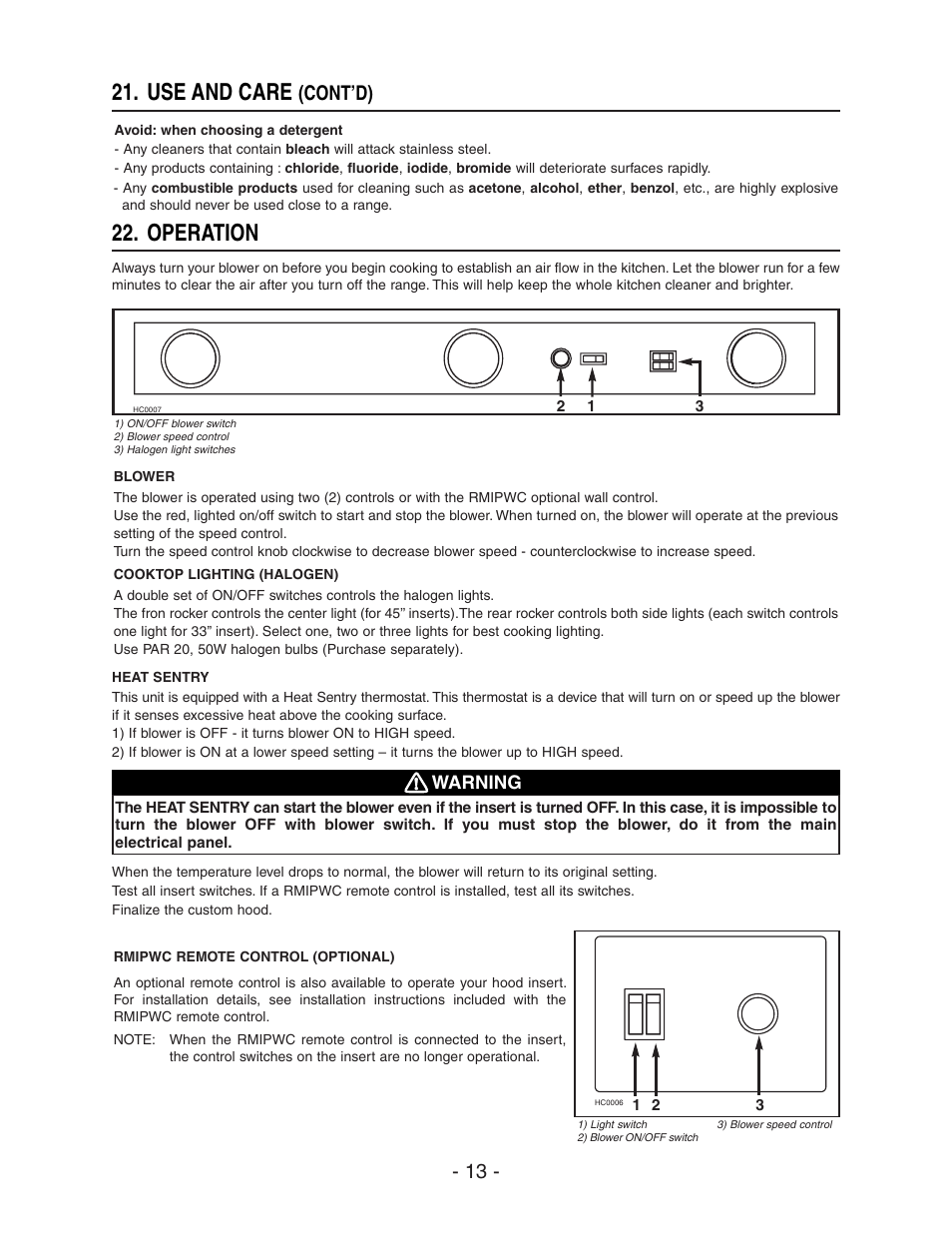 Operation, Use and care, Cont’d) | Broan ELITE RMIP33 User Manual | Page 13 / 48