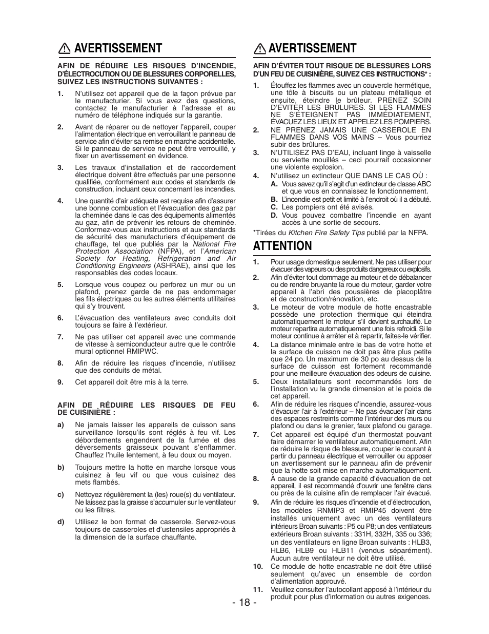Avertissement, Attention | Broan ELITE RMIP33 User Manual | Page 18 / 48