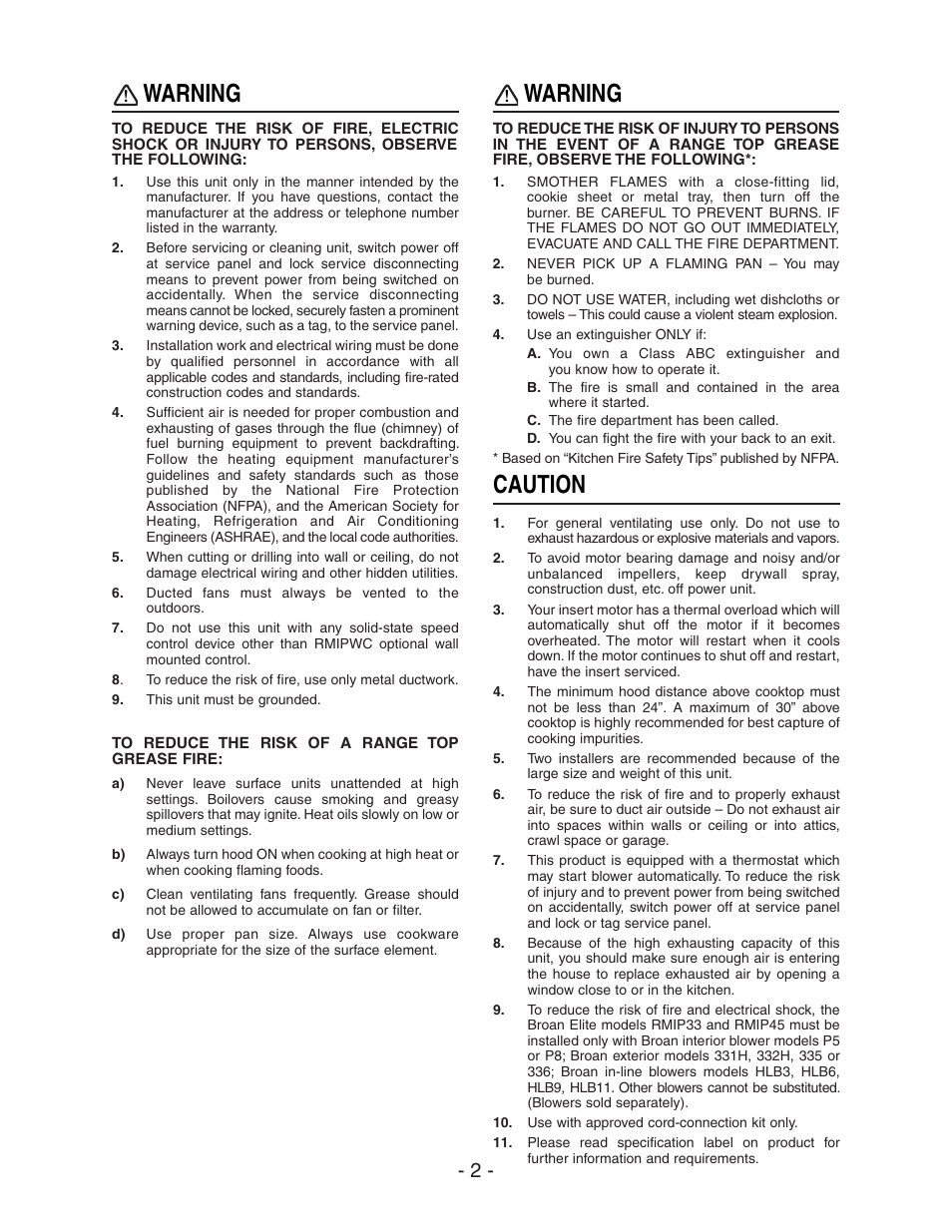 Warning, Caution | Broan ELITE RMIP33 User Manual | Page 2 / 48
