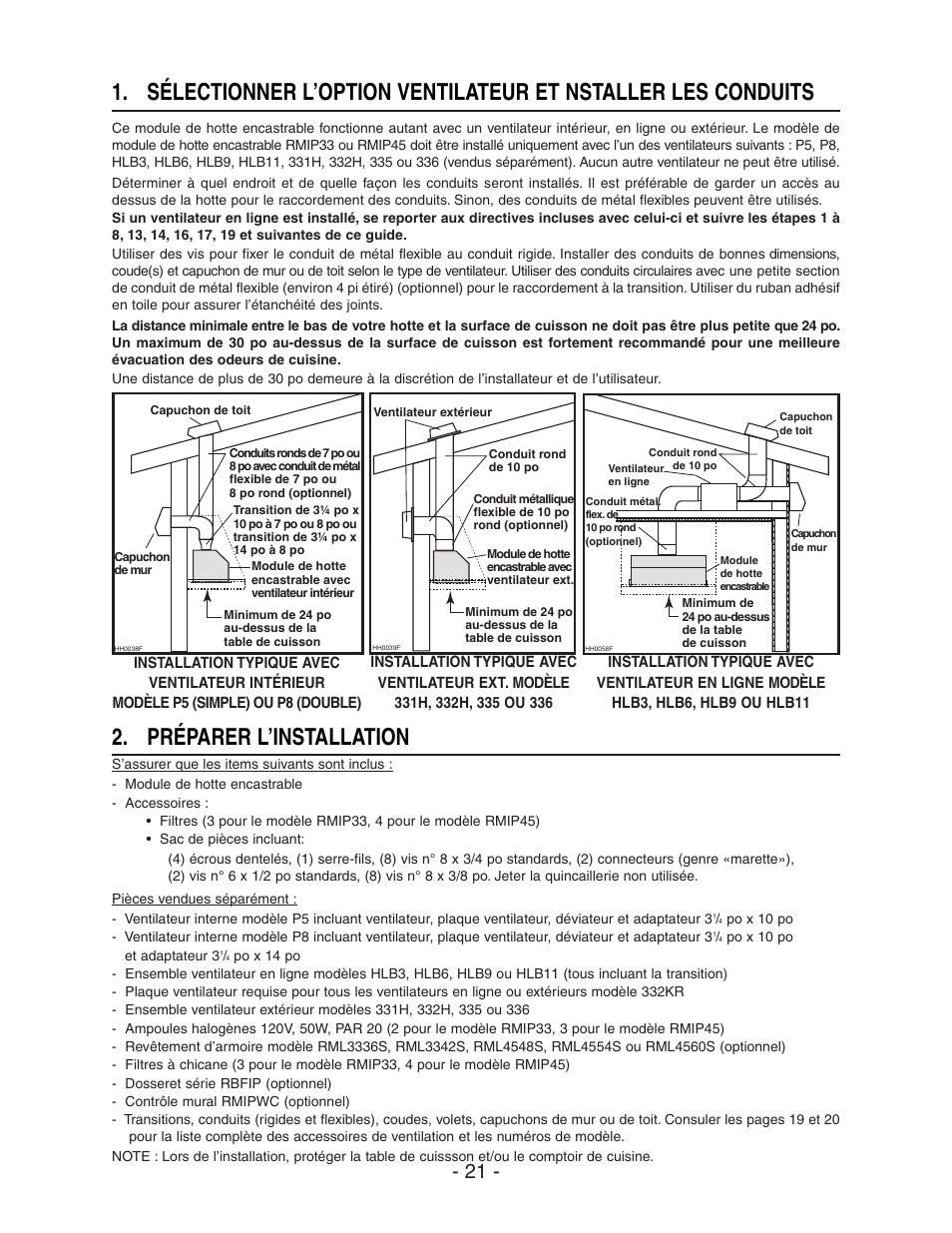 Préparer l’installation | Broan ELITE RMIP33 User Manual | Page 21 / 48