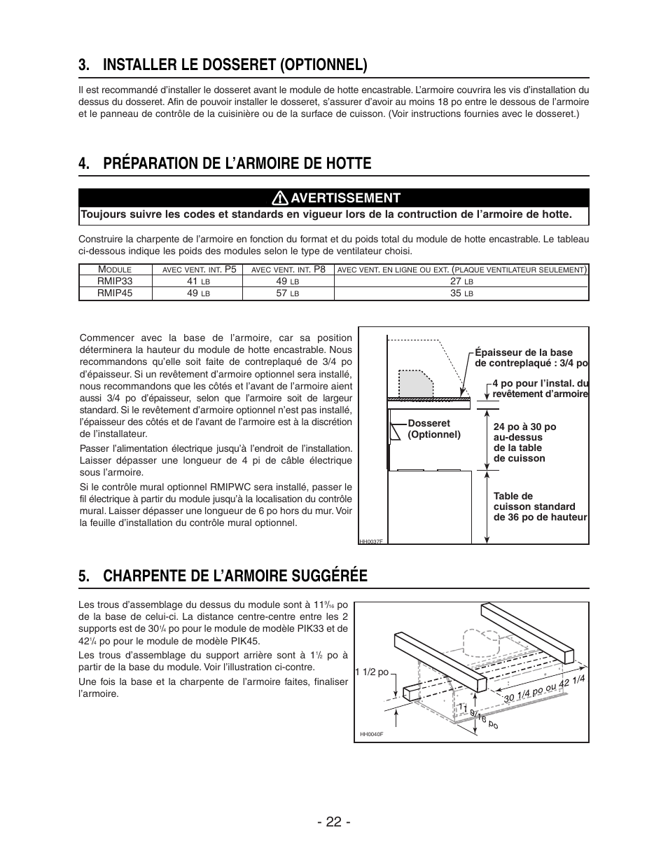 Installer le dosseret (optionnel), Préparation de l’armoire de hotte, Charpente de l’armoire suggérée | Avertissement | Broan ELITE RMIP33 User Manual | Page 22 / 48