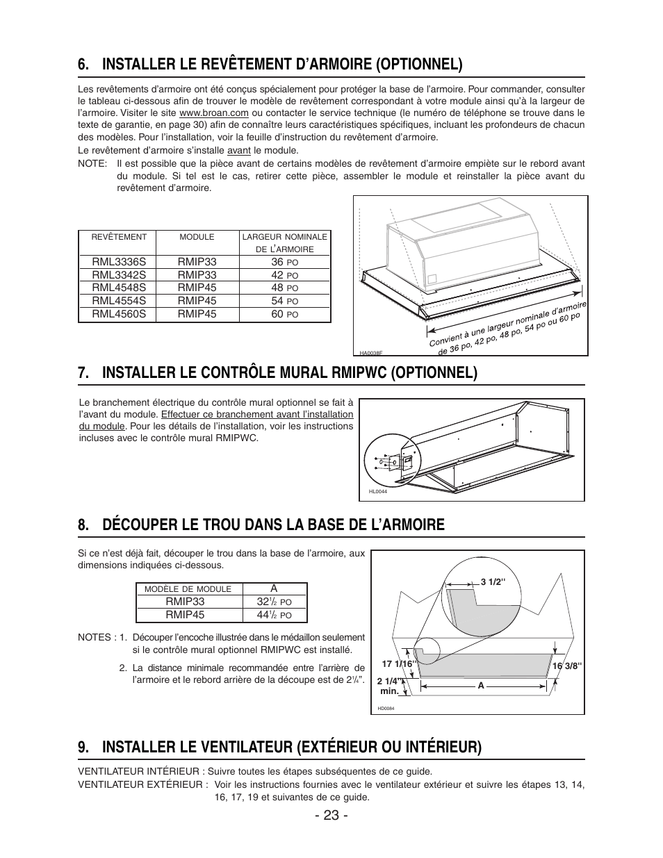 Découper le trou dans la base de l’armoire, Installer le revêtement d’armoire (optionnel), Installer le contrôle mural rmipwc (optionnel) | Installer le ventilateur (extérieur ou intérieur) | Broan ELITE RMIP33 User Manual | Page 23 / 48