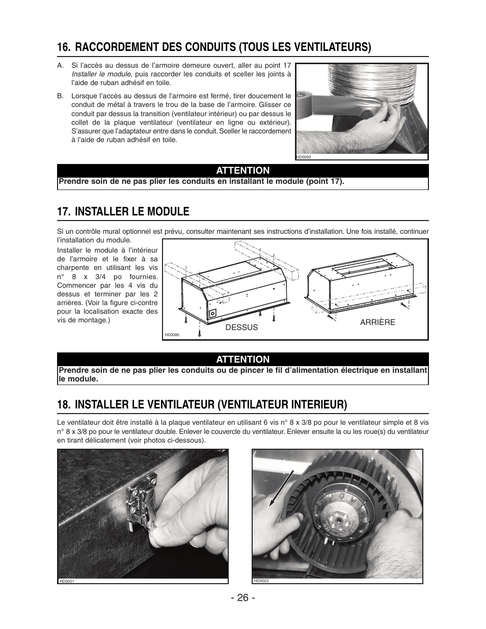 Raccordement des conduits (tous les ventilateurs), Installer le module, Installer le ventilateur (ventilateur interieur) | Broan ELITE RMIP33 User Manual | Page 26 / 48