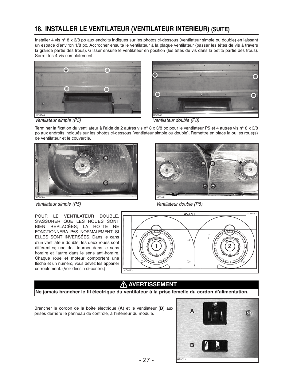 Installer le ventilateur (ventilateur interieur), Suite) | Broan ELITE RMIP33 User Manual | Page 27 / 48