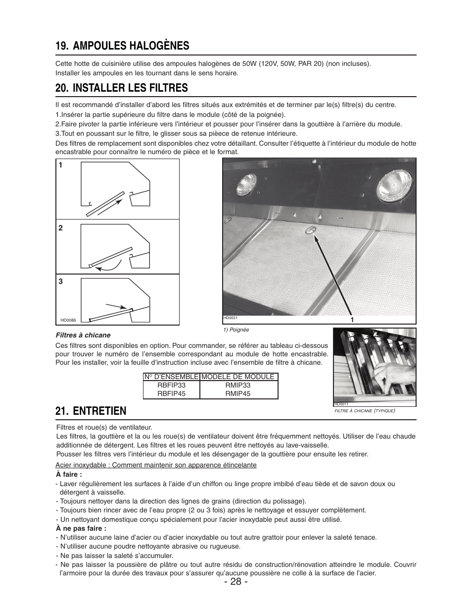 Entretien 19. ampoules halogènes, Installer les filtres | Broan ELITE RMIP33 User Manual | Page 28 / 48