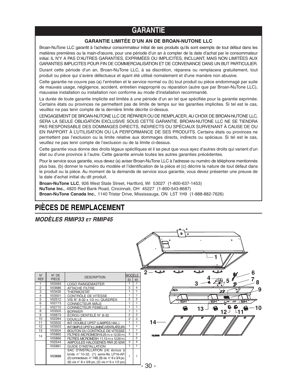 Pièces de remplacement garantie, Modèles rmip33, Rmip45 | Broan ELITE RMIP33 User Manual | Page 30 / 48