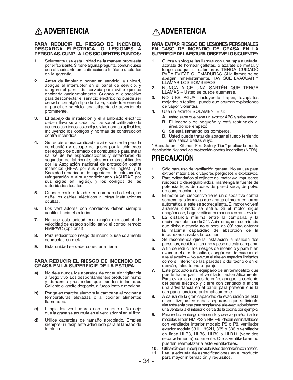 Advertencia, Precaución | Broan ELITE RMIP33 User Manual | Page 34 / 48