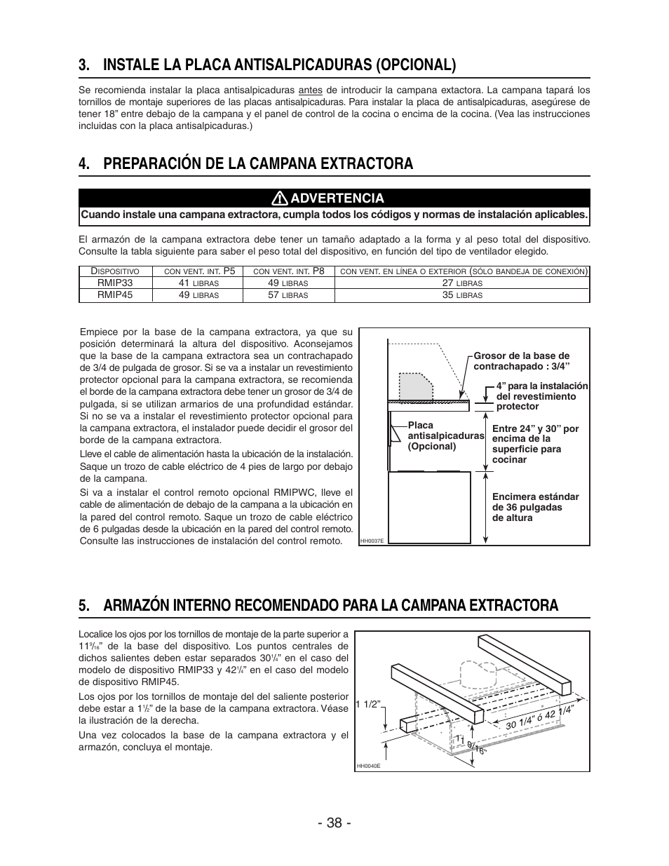 Instale la placa antisalpicaduras (opcional), Preparación de la campana extractora, Advertencia | Broan ELITE RMIP33 User Manual | Page 38 / 48