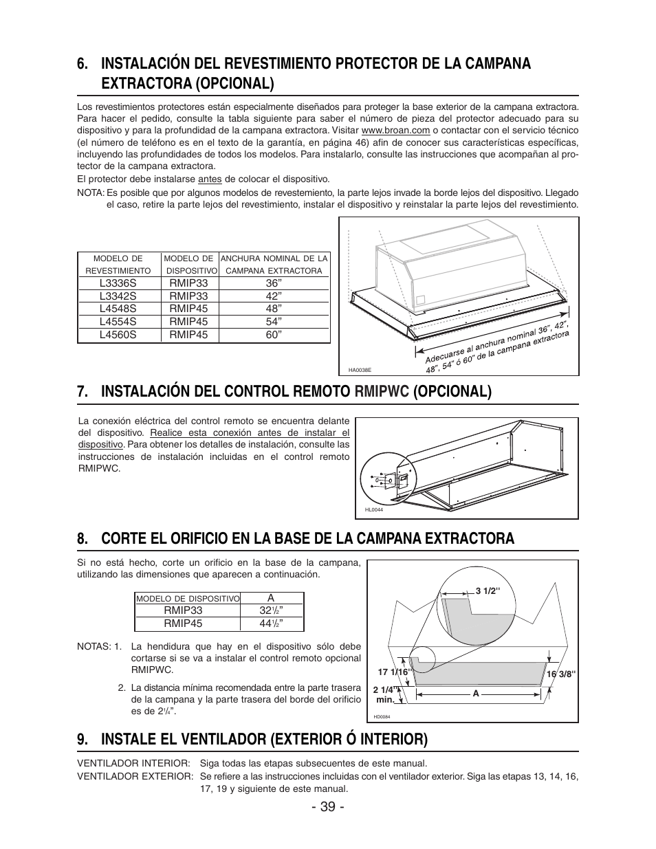 Instalación del control remoto rmipwc (opcional), Instale el ventilador (exterior ó interior) | Broan ELITE RMIP33 User Manual | Page 39 / 48