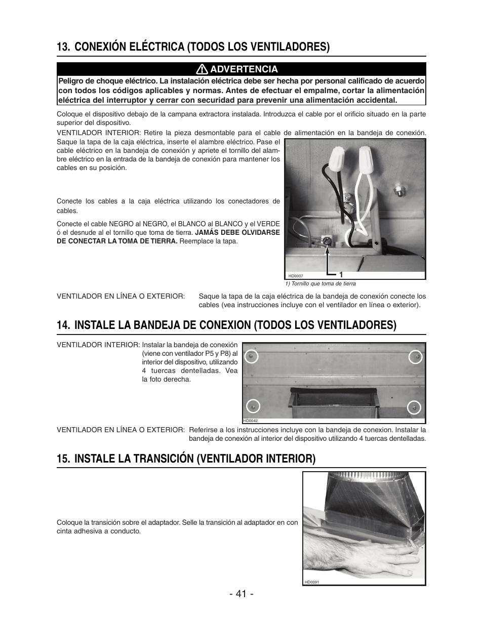 Conexión eléctrica (todos los ventiladores), Instale la transición (ventilador interior) | Broan ELITE RMIP33 User Manual | Page 41 / 48