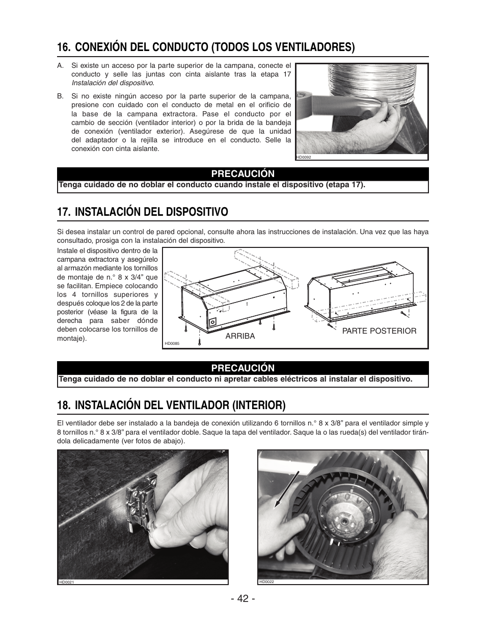 Conexión del conducto (todos los ventiladores), Instalación del dispositivo, Instalación del ventilador (interior) | Broan ELITE RMIP33 User Manual | Page 42 / 48
