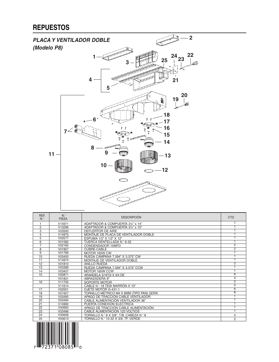 Repuestos, Placa y ventilador doble (modelo p8) | Broan ELITE RMIP33 User Manual | Page 48 / 48
