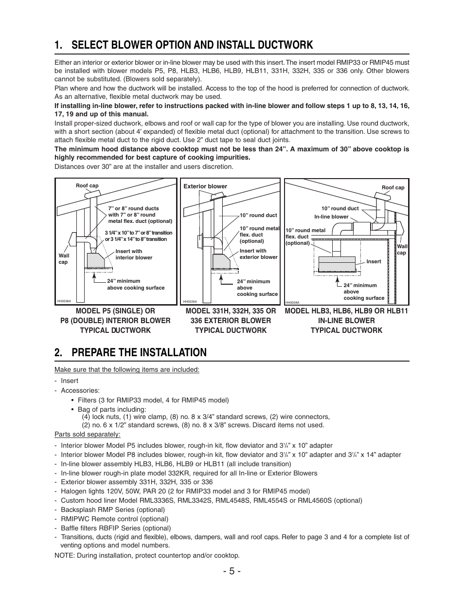Select blower option and install ductwork, Prepare the installation | Broan ELITE RMIP33 User Manual | Page 5 / 48