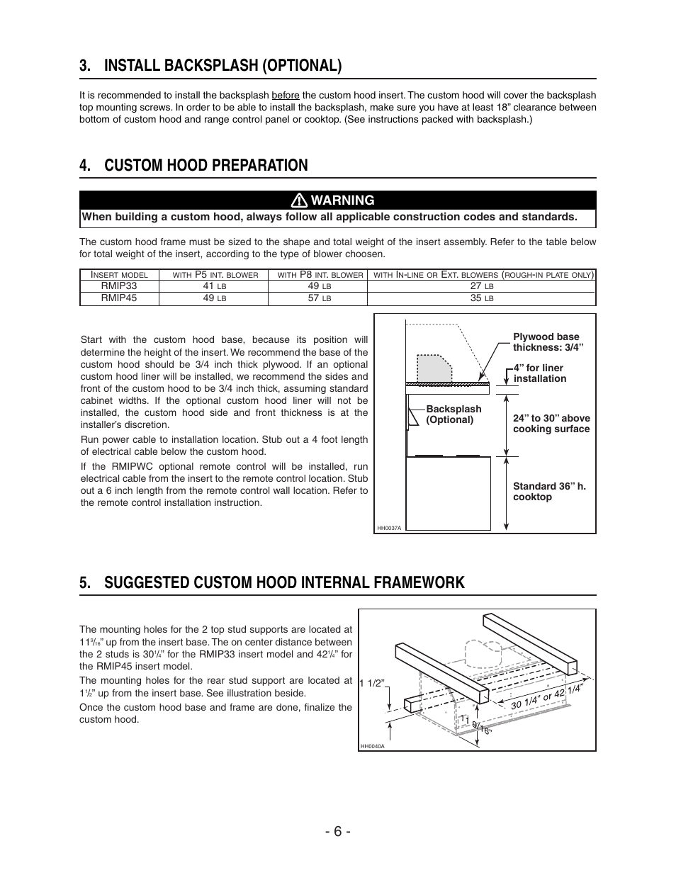 Install backsplash (optional), Custom hood preparation, Suggested custom hood internal framework | Warning | Broan ELITE RMIP33 User Manual | Page 6 / 48