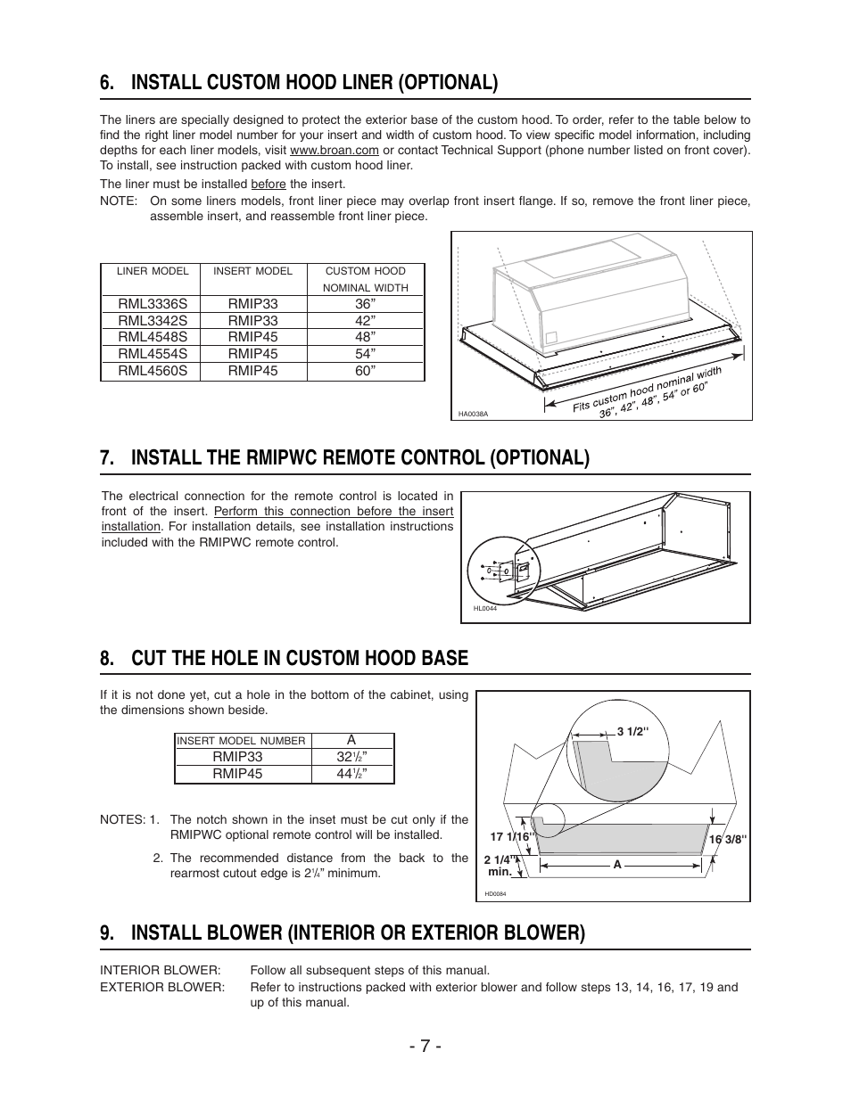 Cut the hole in custom hood base, Install custom hood liner (optional), Install the rmipwc remote control (optional) | Install blower (interior or exterior blower) | Broan ELITE RMIP33 User Manual | Page 7 / 48