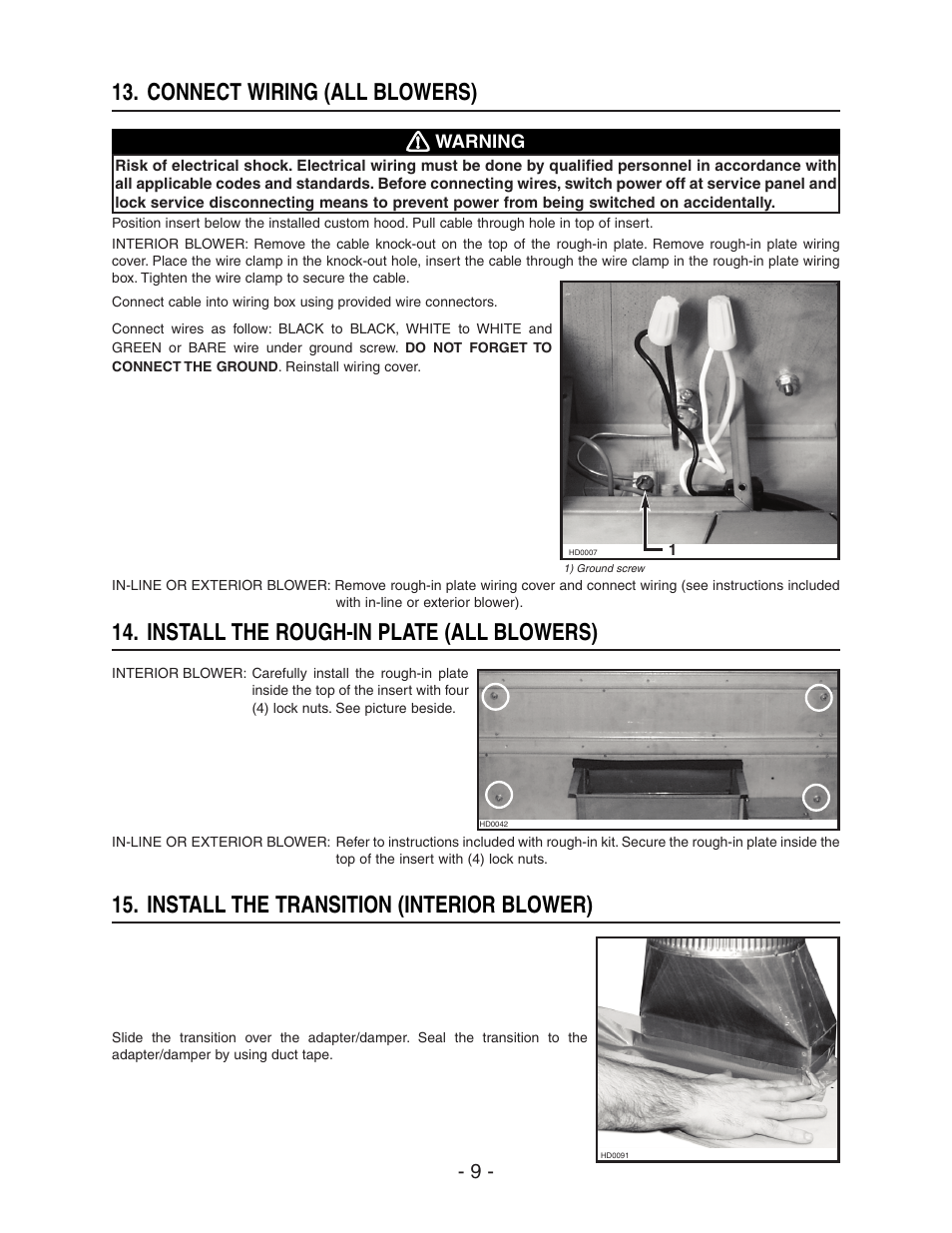 Connect wiring (all blowers), Install the rough-in plate (all blowers), Install the transition (interior blower) | Broan ELITE RMIP33 User Manual | Page 9 / 48