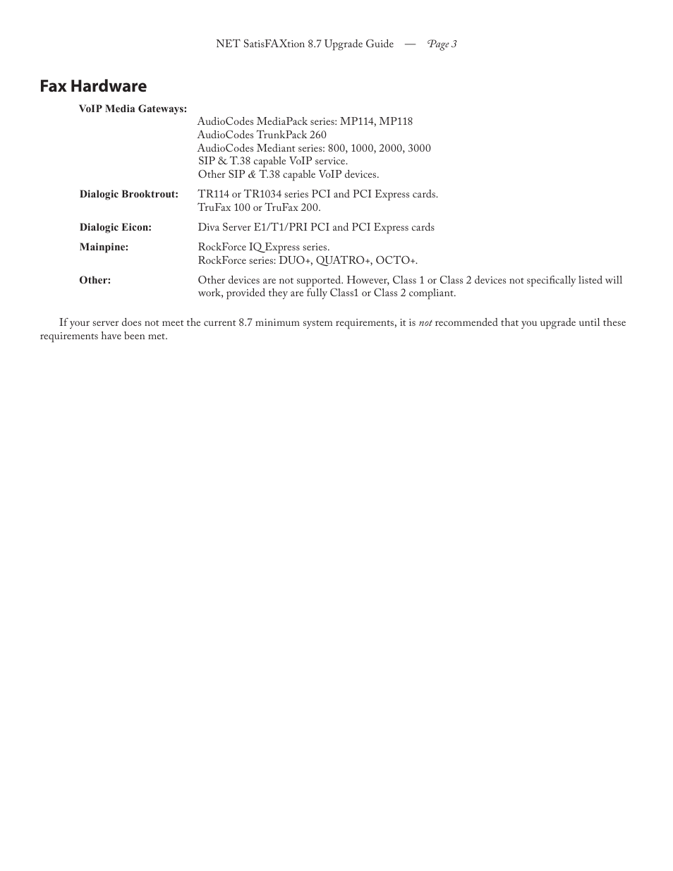 Fax hardware | FaxBack NET SatisFAXtion 8.7 (Including R3) - Upgrade Guide User Manual | Page 3 / 10