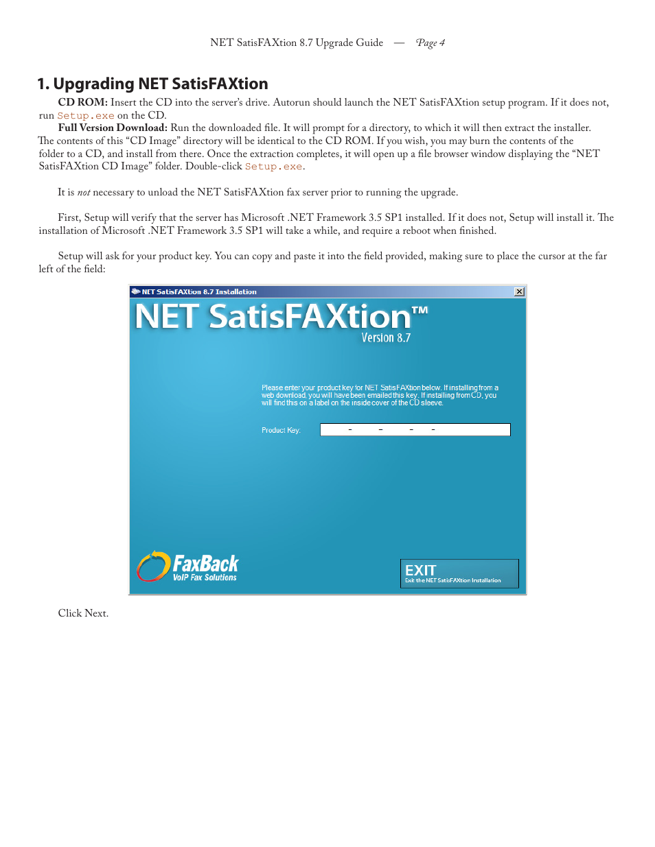 Upgrading net satisfaxtion | FaxBack NET SatisFAXtion 8.7 (Including R3) - Upgrade Guide User Manual | Page 4 / 10