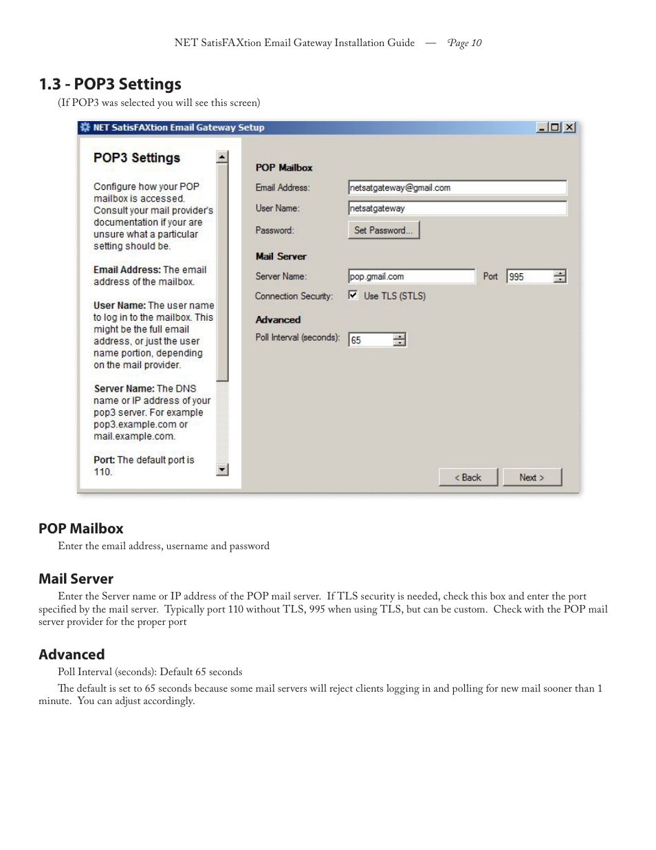 3 - pop3 settings, Pop mailbox, Mail server | Advanced | FaxBack NET SatisFAXtion 8.6 - Email Gateway Installation Guide User Manual | Page 10 / 19