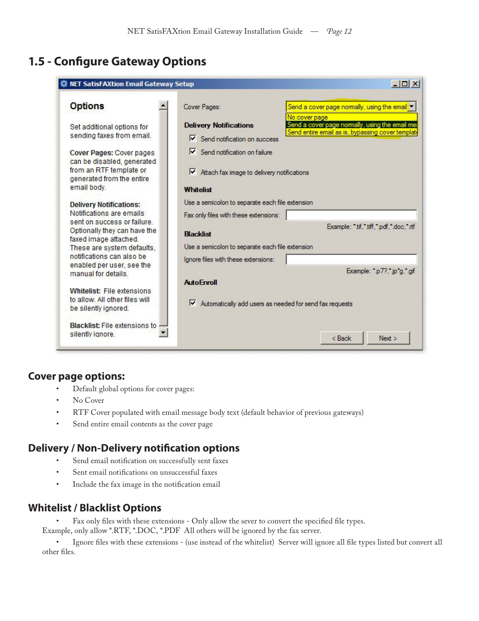 5 - configure gateway options, Cover page options, Delivery / non-delivery notification options | Whitelist / blacklist options | FaxBack NET SatisFAXtion 8.6 - Email Gateway Installation Guide User Manual | Page 12 / 19