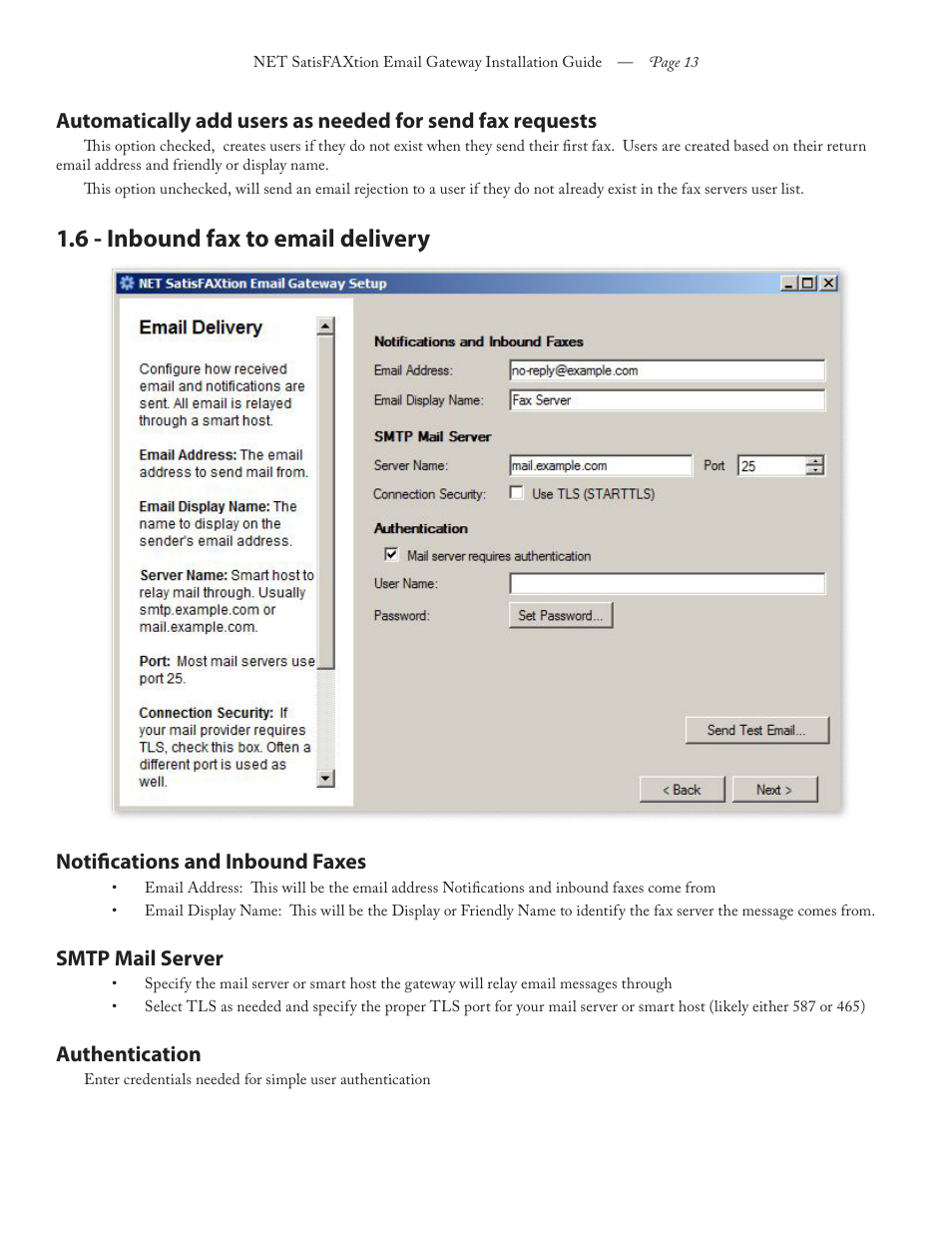 6 - inbound fax to email delivery, Notifications and inbound faxes, Smtp mail server | Authentication | FaxBack NET SatisFAXtion 8.6 - Email Gateway Installation Guide User Manual | Page 13 / 19