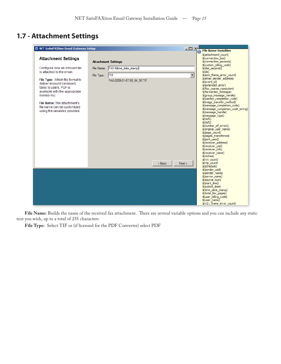 7 - attachment settings | FaxBack NET SatisFAXtion 8.6 - Email Gateway Installation Guide User Manual | Page 15 / 19