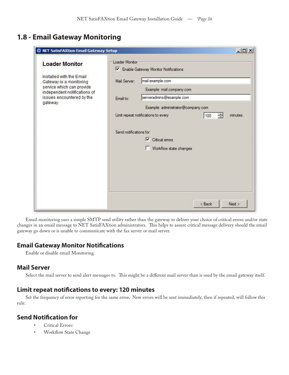 8 - email gateway monitoring, Email gateway monitor notifications, Mail server | Limit repeat notifications to every: 120 minutes, Send notification for | FaxBack NET SatisFAXtion 8.6 - Email Gateway Installation Guide User Manual | Page 16 / 19