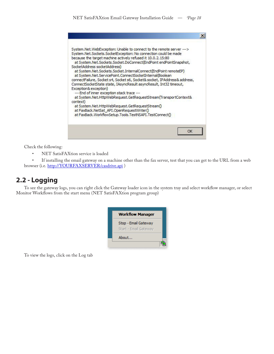 2 - logging | FaxBack NET SatisFAXtion 8.6 - Email Gateway Installation Guide User Manual | Page 18 / 19