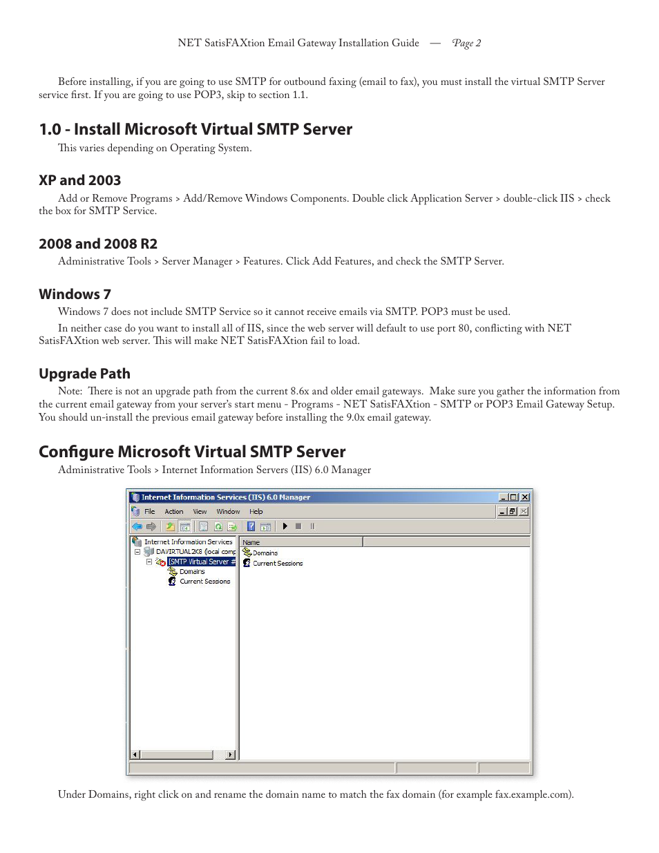 0 - install microsoft virtual smtp server, Configure microsoft virtual smtp server, Xp and 2003 | Windows 7, Upgrade path | FaxBack NET SatisFAXtion 8.6 - Email Gateway Installation Guide User Manual | Page 2 / 19