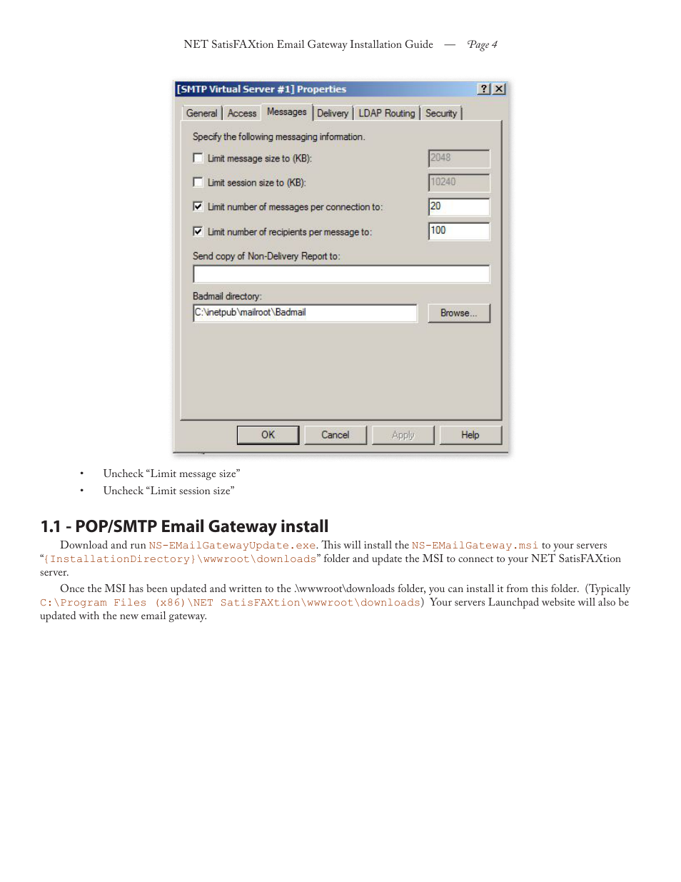 1 - pop/smtp email gateway install | FaxBack NET SatisFAXtion 8.6 - Email Gateway Installation Guide User Manual | Page 4 / 19
