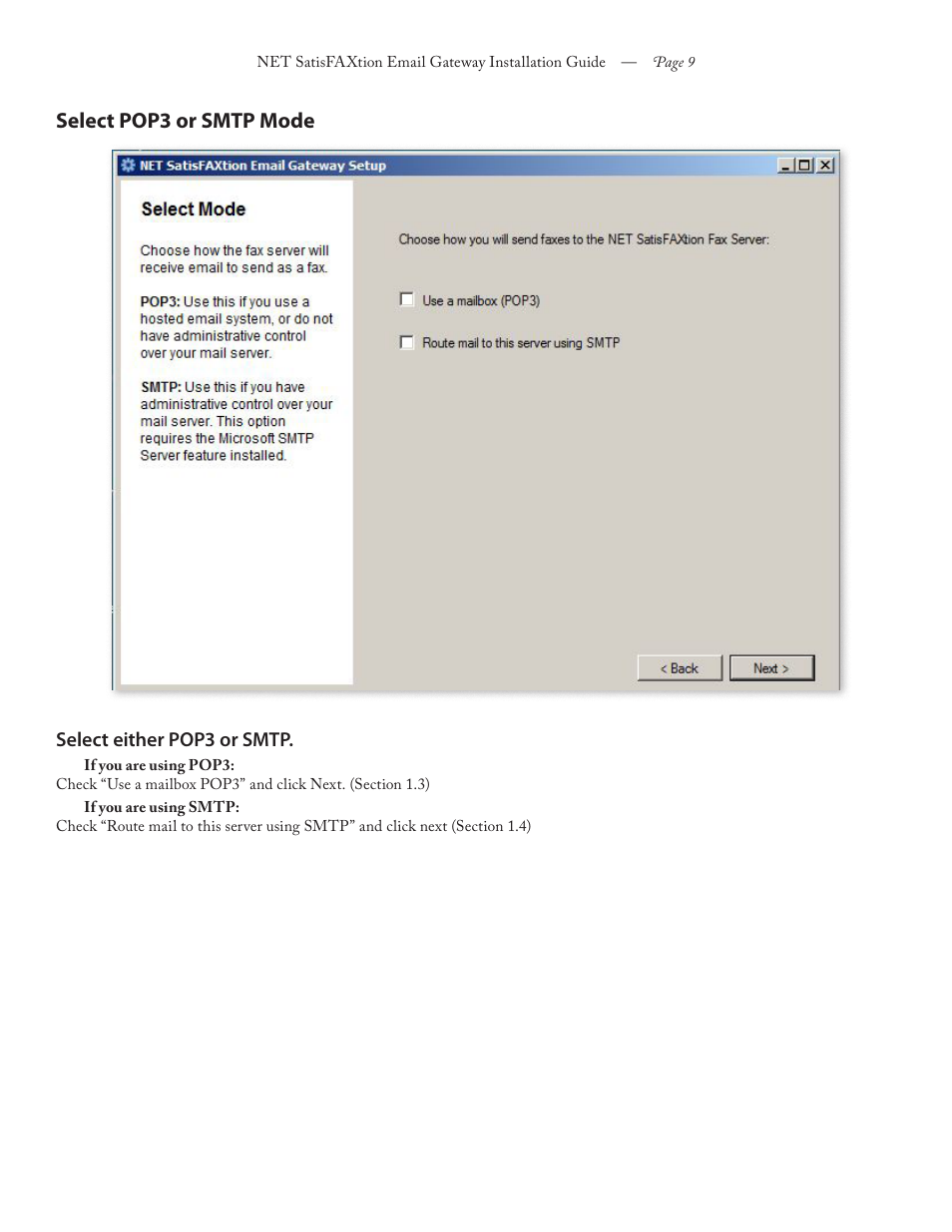 Select pop3 or smtp mode | FaxBack NET SatisFAXtion 8.6 - Email Gateway Installation Guide User Manual | Page 9 / 19