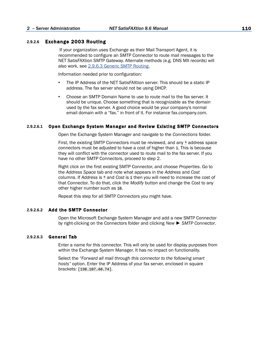 6 exchange 2003 routing, 2 add the smtp connector, 3 general tab | FaxBack NET SatisFAXtion 8.6 - Manual User Manual | Page 110 / 240