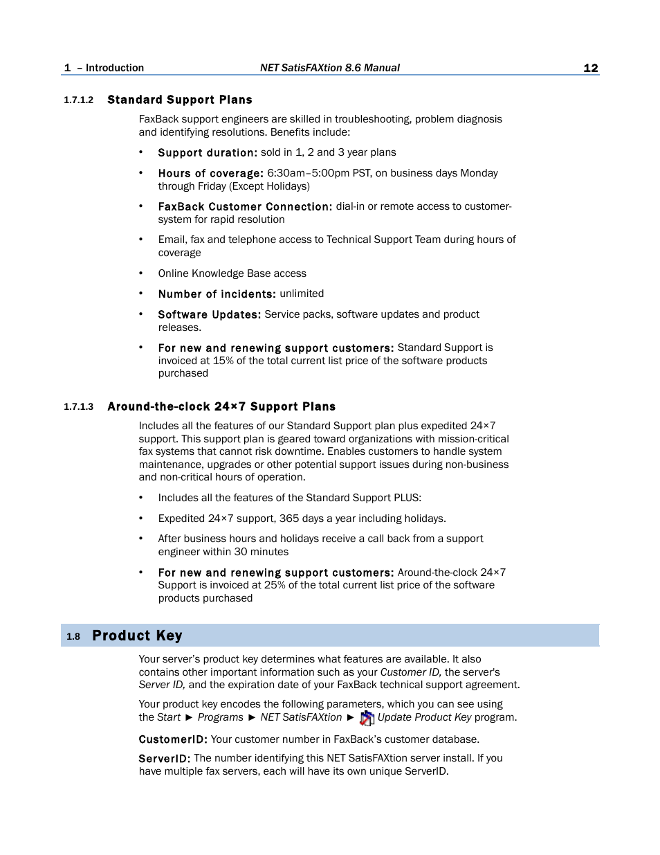 2 standard support plans, 3 around-the-clock 24×7 support plans, 8 product key | Product key | FaxBack NET SatisFAXtion 8.6 - Manual User Manual | Page 12 / 240