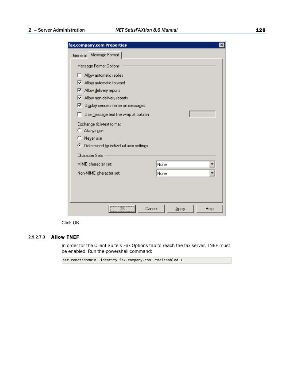 3 allow tnef | FaxBack NET SatisFAXtion 8.6 - Manual User Manual | Page 128 / 240