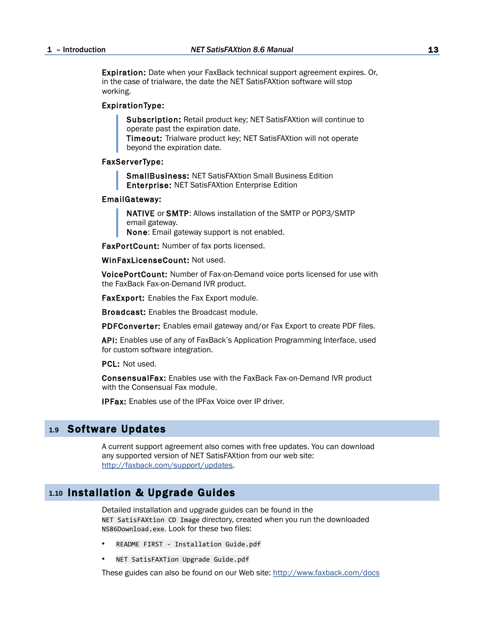 9 software updates, 10 installation & upgrade guides, Software updates | Installation & upgrade guides | FaxBack NET SatisFAXtion 8.6 - Manual User Manual | Page 13 / 240