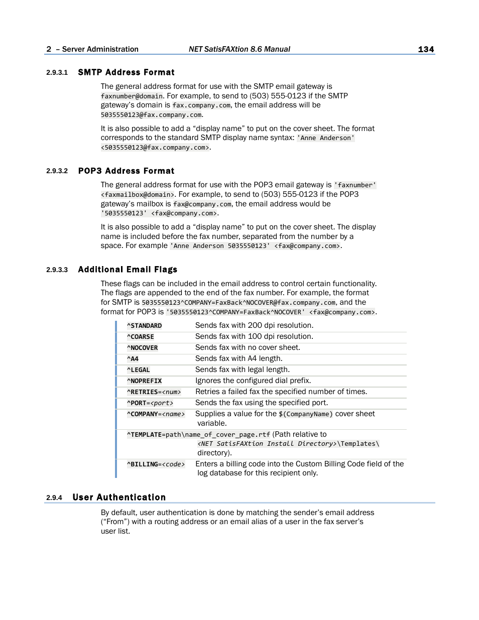 1 smtp address format, 2 pop3 address format, 3 additional email flags | 4 user authentication | FaxBack NET SatisFAXtion 8.6 - Manual User Manual | Page 134 / 240