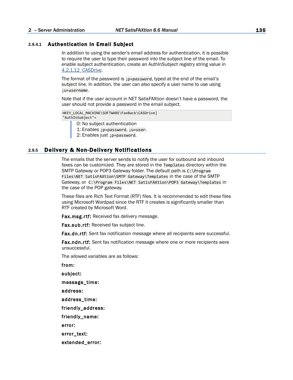 1 authentication in email subject, 5 delivery & non-delivery notifications | FaxBack NET SatisFAXtion 8.6 - Manual User Manual | Page 135 / 240