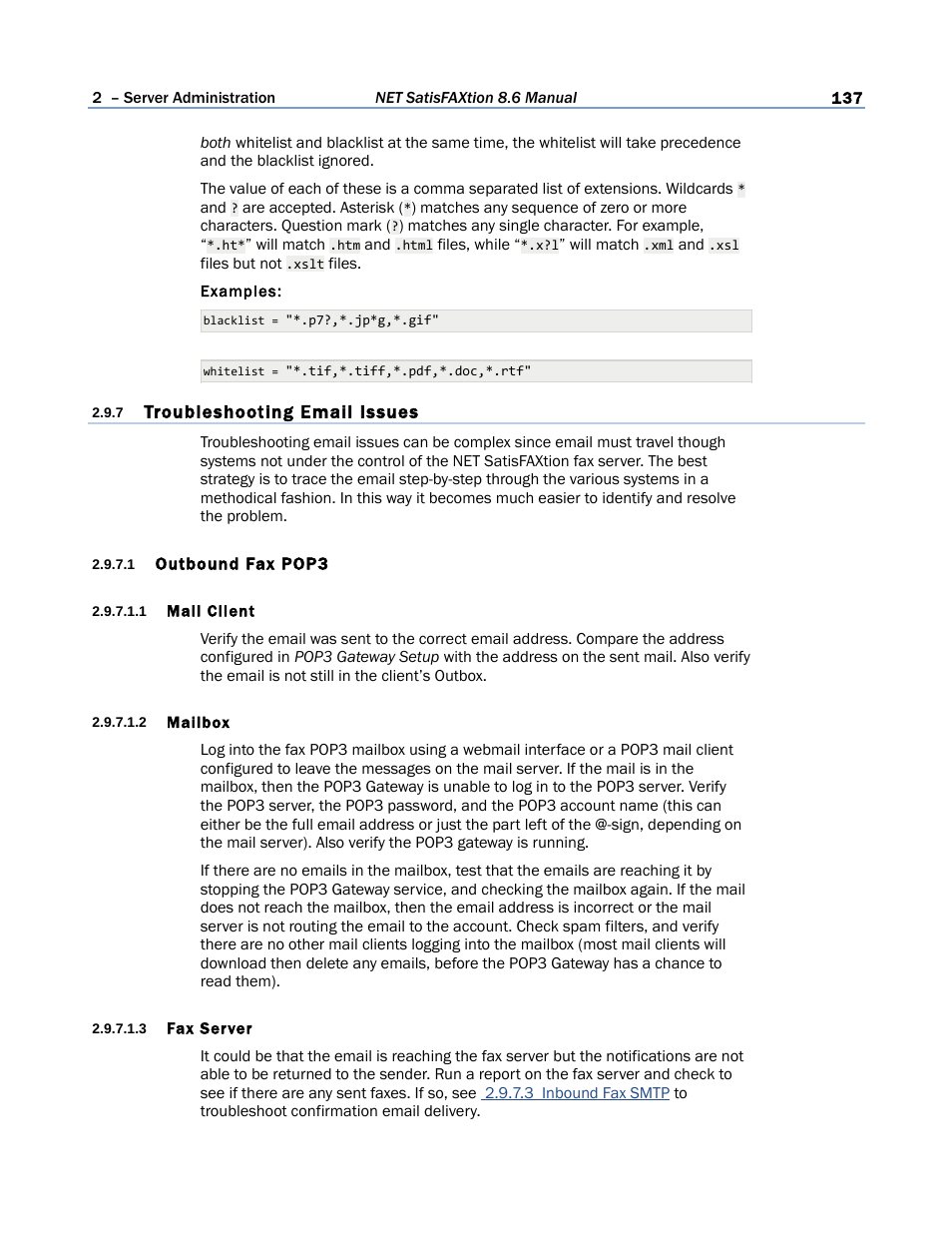 7 troubleshooting email issues, 1 outbound fax pop3, 1 mail client | 2 mailbox, 3 fax server | FaxBack NET SatisFAXtion 8.6 - Manual User Manual | Page 137 / 240