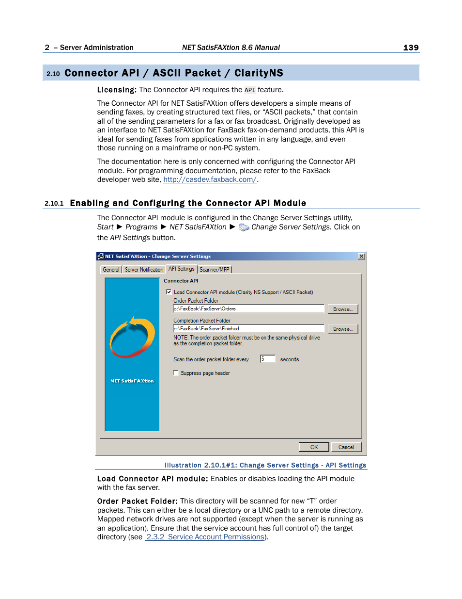 10 connector api / ascii packet / clarityns, Connector api / ascii packet / clarityns | FaxBack NET SatisFAXtion 8.6 - Manual User Manual | Page 139 / 240